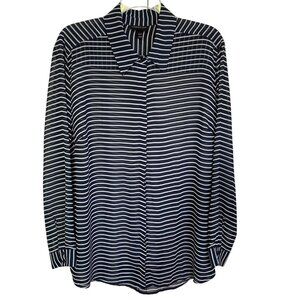 Lane Bryant Womens Navy/White Striped Button-Up Tunic Collared Size 22/24 Sheer